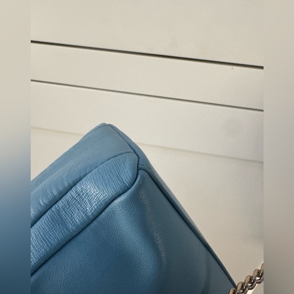 FURLA Blue Leather 2-Way Crossbody Clutch Champagne Chain Double Zip - Picture 8 of 10